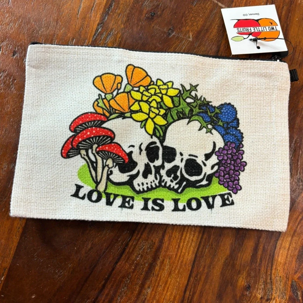 Two Little Fruits Love is Love Skull Mushroom Canvas Zipper Pouch Denver CO NEW